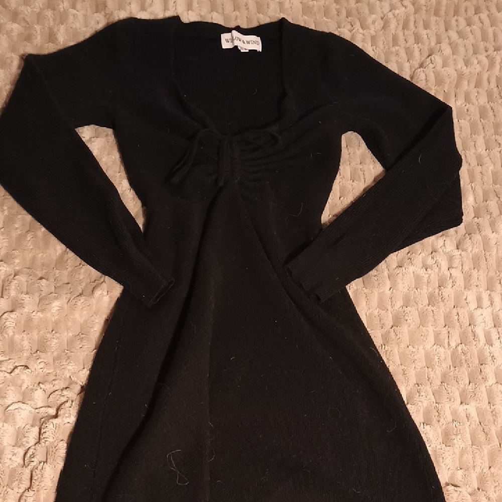 Black Long Sleeve Tie-Front Knit Dress